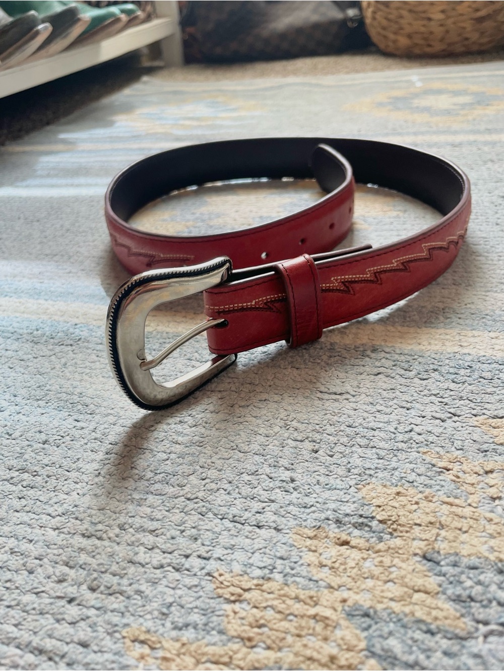 Women's Red Leather Belt with Decorative Stitching and Silver Buckle